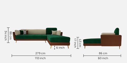 Image of Polyester Velvet Contemperory Sofa Set with Cushion Chaise Lounge, Sectional Sofa Perfect for Your Living Room,Guests Room & Office. (Green & Beige, 5 Seater)