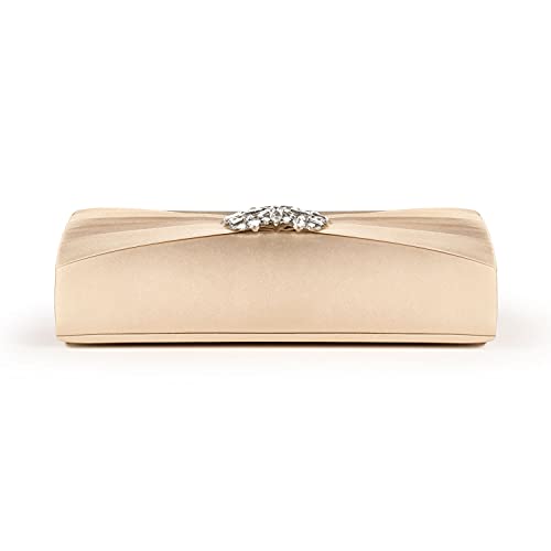Image of Evening Bags For Women Pleated Satin Rhinestone Brooch Prom Clutch Purse With Detachable Chain Strap