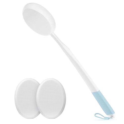Aplicador de loción para espalda 19 pulg. con mango blanco, agarre azul antideslizante y 3 almohadillas reemplazables, para protector solar, bronceado e hidratantes