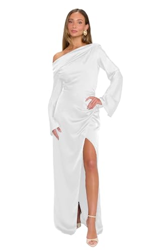 One Shoulder Mother of The Bride Dress Satin Maxi Long Sleeve Formal Evening Dress with Slit