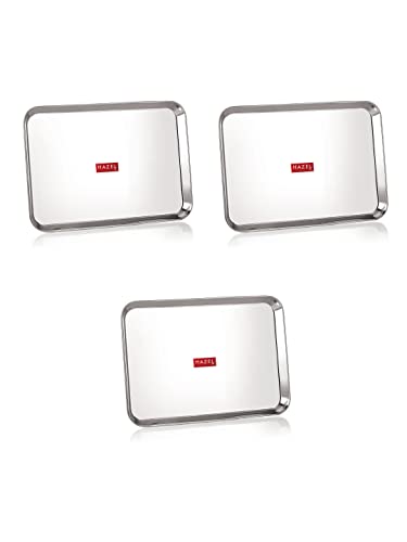 HAZEL Stainless Steel Serving Trays Rectangle Premium Dining Table Plater Set of 3, Large, Silver, 37.2 x 26.4 cm