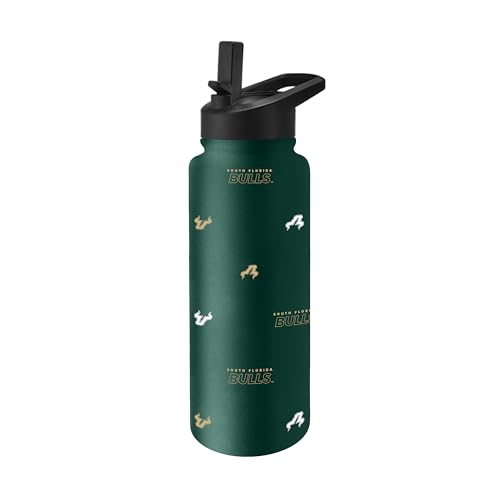 Image of Logo Brands NCAA South Florida Bulls Step & Repeat 34 oz Stainless Steel Quencher Bottle - All Over Logo Design, No-Spill Lid, Easy Carry Handle - Keeps Drinks Cold For Hours