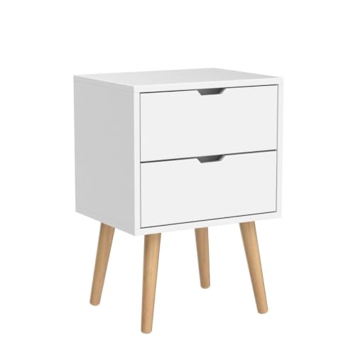 Image of Brown Art SHOPPEE 2-Drawer End Side Table with Drawer and Solid Wood Legs, Bedside Table for Bedrooms, Mid-Century Modern Drawer Storage Cabinet for Bedroom & Furniture (White)