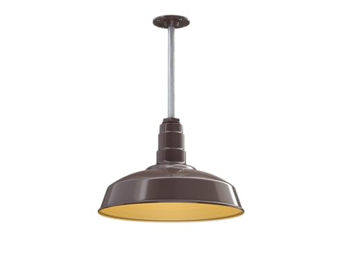 Image of Steel Lighting Co. Carson Barn Light | Ceiling Mounted Pendant | 16 inch Dome | 12 inch Galvanized Stem | Industrial Style Steel Light Made in America | Dark Bronze Exterior /Brass Interior