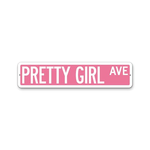 Pretty Girl Ave Street Sign – 4x18 Inch Pink Novelty Road Sign, Personalized Metal Sign, Embossed Edge Option, Aesthetic Room Decor (Flat Aluminum)