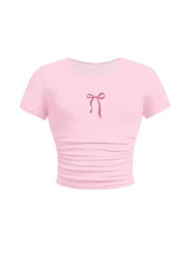 SweatyRocks Girl's Cherry Print Ruched T Shirt Short Sleeve Cute Tee Crop Tops Pink Bow 9 Years