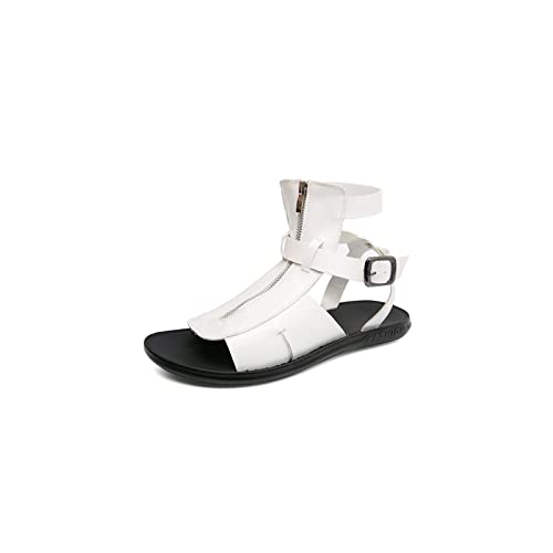 TJHRJTY Sandalias para Hombre Zapatos de Hombre Moda Casual Fuera de la Calle Cool Color sólido PU Hebilla Cremallera Sandalias de Personalidad cómodas(White,41 EU)