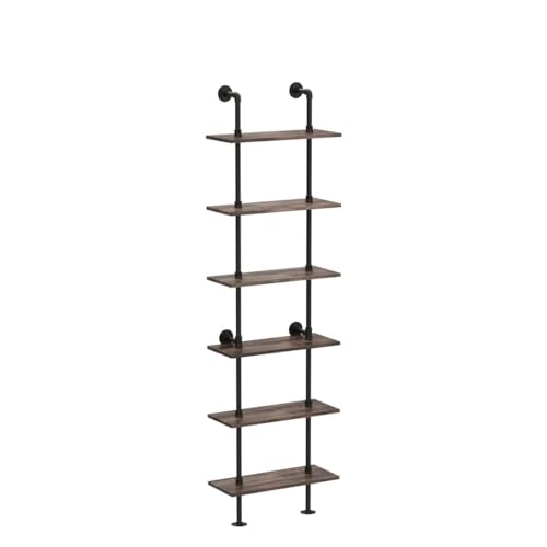 HOMBAZAAR Industrial Pipe Bookshelf,6 Tier Pipe Shelving,Wall Mounted Ladder Shelves with Metal Frame for Home Office,Living Room,Oak Brown