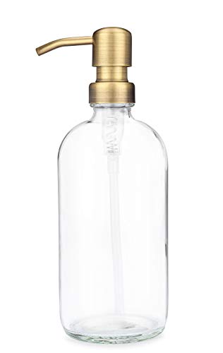 Rail19 Market Clear Glass Soap Dispenser with Metal Soap Pump for Kitchens and Baths - Great for Liquid Hand Soap and Lotion (Brass)
