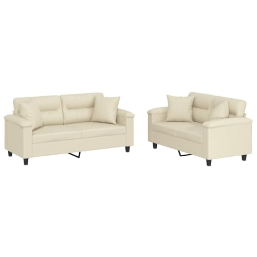 Wynira Juego de 2 sofás de piel sintética color crema con 4 cojines, sofá de 2 plazas, 150 x 77 x 80 cm y 170 x 77 x 80 cm, moderno sofá de salón con estructura robusta y cómodo asiento cómodo