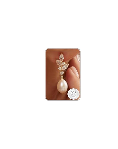HANLI Perla Pendientes Mujer Dorados Baño Oro de 14Kt Zirconia Cúbica Hipoalergenicos Minimalistas Joyas para Mujer