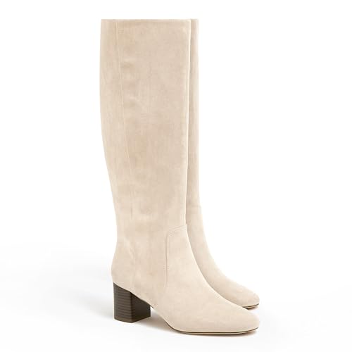 Coutgo Womens Chunky Heel Knee High Boots Suede Round Toe Fall Winter Tall Boots with Side Zipper, Beige, Size 8