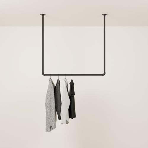 pamo clothes rail industrial loft design - HANG - clothing rack for walk-in wardrobe I bedroom or bath - clothes rack made of black sturdy water pipes/tubes with wall mounting