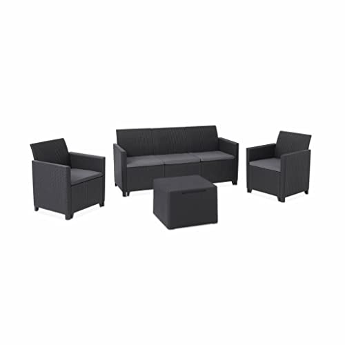 Alice's Garden - Salon de Jardin en résine Plastique injectée Imitation rotin - Claire 5 - Graphite. Coussins Gris - 5 Places. Un canapé. Deux fauteuils. Une Table Basse de Rangement