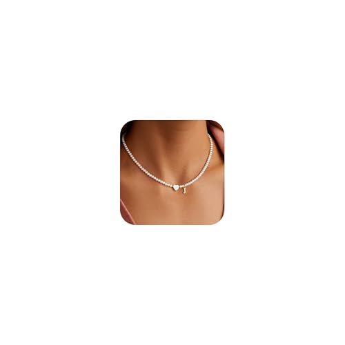 Turandoss Initial Pearl Necklaces for Women, Dainty 14K Gold Plated Heart Pendant Initial J Necklace Personalized Jewelry Gifts Jewelry for Women