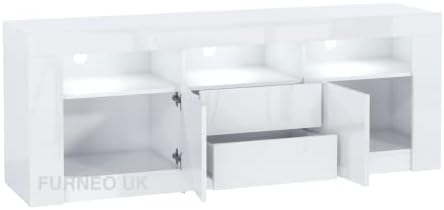 Furneo White TV Stand 160cm Unit Cabinet Matt & High Gloss Clifton18 White LED Lights