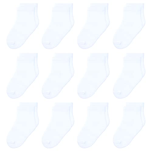 HYzgb Toddler Socks 1T 2T 3T with Grippers 12 Pairs Baby Socks 12-24 Months Non Skid Grips for Toddler Boys Girls 1-2-3 Years Old Ideal Gift Crew Socks (White)