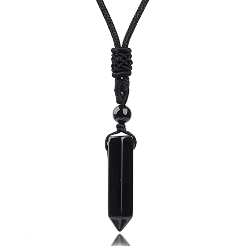 krasdalls Obsidian Healing Crystal Stone Necklace Hexagonal Pointed Pendants Handmade Crystals Necklaces Spiritual Toung Piercing Jewelry for Women Men, Adjustable Black Rope