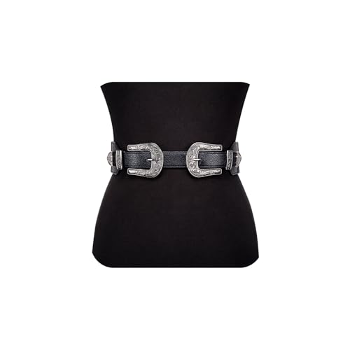 Image of Dubulle Womens Belt Chain Leather Belts Vintage Western Adjustable Elastic Double Buckle for Cowboy Pant Dress