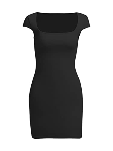 Lovelywholesale Women's Sexy Square Neck Bodycon Dress Cap Sleeve Open Back Party Mini Dress Black Small #TOP4