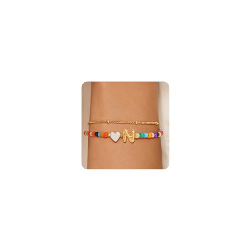 Image of Eaciy Colorful Initial Bracelets for Women Girls - 14K Gold Plated Heart Initial Letter Daint A-Z Charm Bracelet Summer Jewelry Teen Girl Gifts for Teen Kids