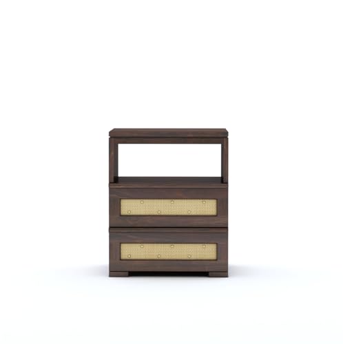 Image of Sheesham Wood Bedside Table with 2 Rattan Cane Drawer and Shelf Storage Nightstand | Multipurpose Wooden Sofa Side End Table Furniture for Bedroom, Living Room, Home, and Hotel (Walnut Finish)