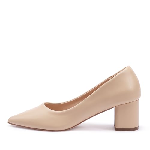 GENSHUO Tjocka klackskor för kvinnor klassiska spetsiga tåblock klackskor eleganta kontorsklackar 6 cm, NAKEN, 37.5 EU