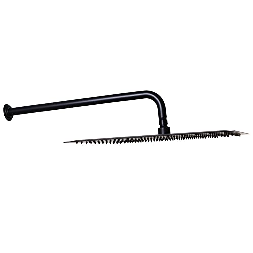 16" Square Thin High Pressure Rainfall Shower Head with 1/2" IPS x 19" IPS Wall Mount 90-Degree Rain Arm and Flange, Matte Black - Westbrass COSHS1603-62