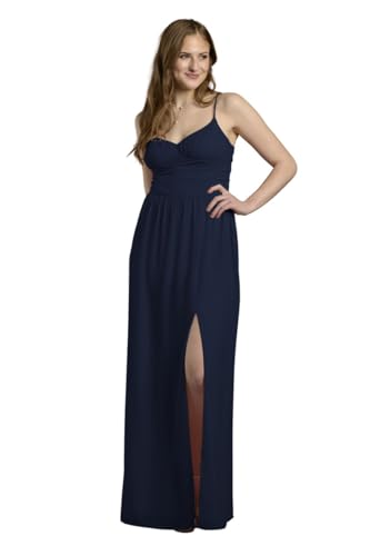 The Edit by DB Studio Chiffon Spaghetti Strap A-Line Dress with Slit, Elegant Formal Dress for Wedding Guest, Cocktail and Evening Events with Flattering A-Line Silhouette, Women's Size M, Marine