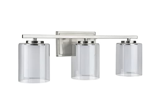 Image of Aspen Creative 62103A, Three-Light Metal Bathroom Vanity Wall Light Fixture, 23 inch Wide, Transitional Design in Satin Nickel with Clear Glass Shade