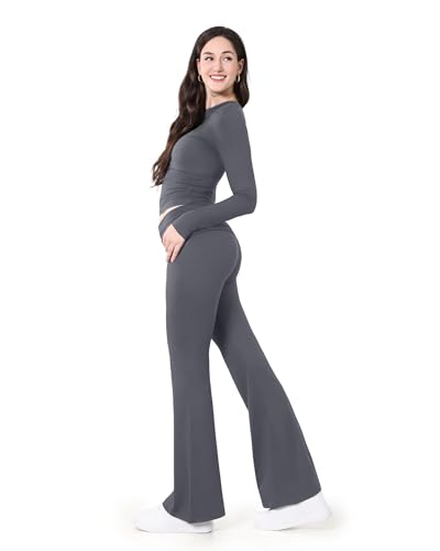 Image of ZOOSIXX Lounge Sets for Women - 2 Piece Outfits Crop Tops with Fold Over Flare Leggings Fall Loungewear Fitted Pajama