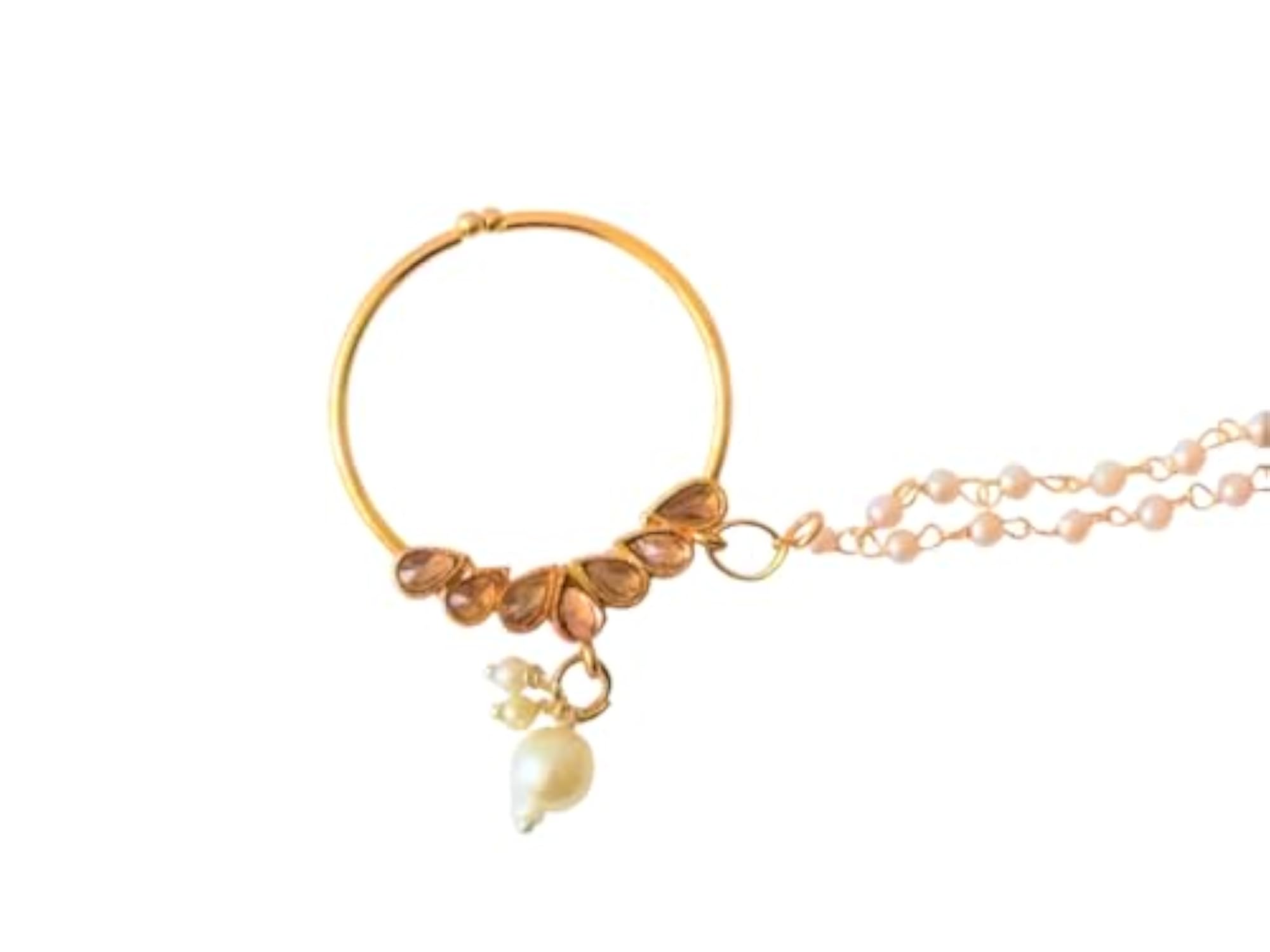 Traditional Nose Ring with Pearl Drop Design, Pearl Chain Attachment