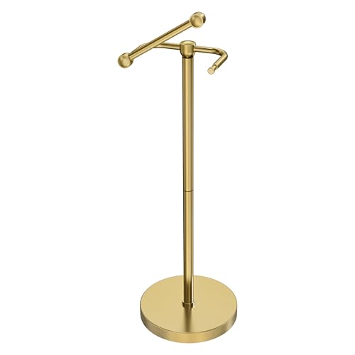 Image of Toilet Paper Holder Stand, Modern Bathroom Free Standing Toilet Paper Roll Holder, Post Pivoting Toilet Paper Stand with Stainless Steel Tissue Rack, Rust-Proof & Heavy Stable Base(Brushed Gold)