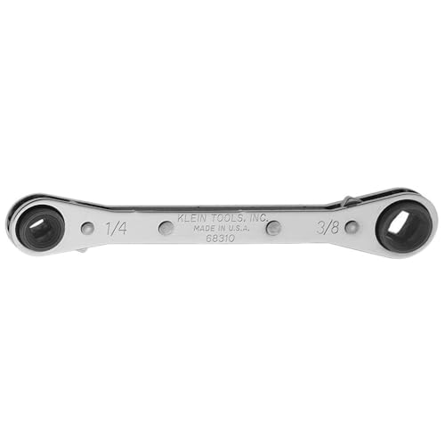 Klein Tools 68310 Ratcheting Refrigeration Wrench, Made in USA, Reversible Wrench with 3/16 and 5/16-Inch Square and 1/4 and 3/8-Inch Square Sizes