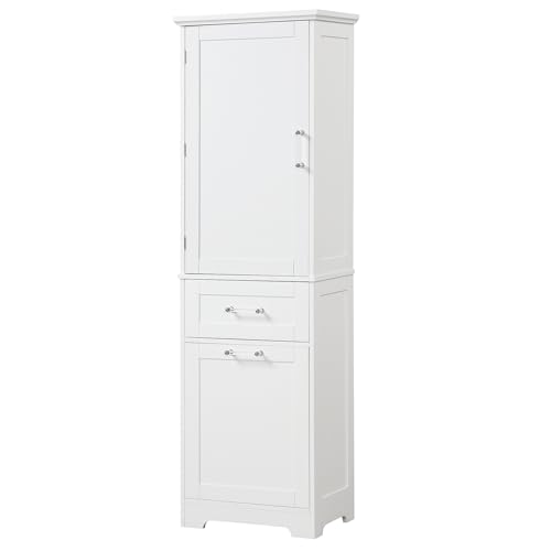 GOAWGO 68\" Tall Bathroom Storage Cabinet Wooden Floor Cabinet with 2 Different Size Drawers Freestanding Cupboard White Cabinet with Adjustable Shelf for Bathroom Living Room Kitchen (White) - Thumbnail 7