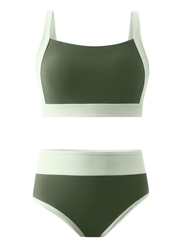 AMAWMW Teen Girls Bathing Suit Bikini Set Color Block Adjustable Straps Swimsuit Quick Dry Two Piece Swimwear 7-16Y, Green, 13-14 Years — view 6