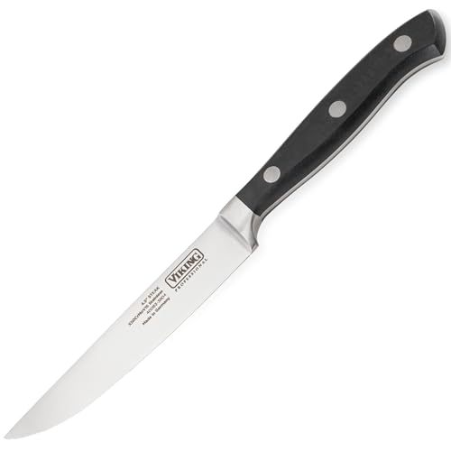 Viking Kitchen Steak Knife, 4.5 Inch Serrated German Stainless Steel, Ergonomic Handle, Black