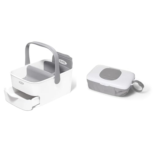 Image of OXO Tot Diaper Caddy with Changing Mat & Tot On-The-Go Wipes Dispenser with Diaper Pouch, Gray
