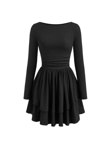 Women Boat Neck Long Sleeve Ribbed Tiered Ruffle Skater Mini Party Cocktail Dress Black