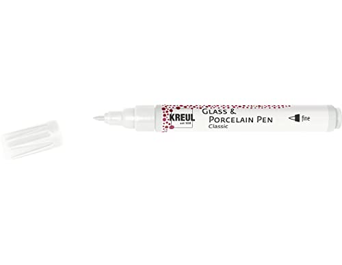 Kreul 16441 - Glass & Porcelain Pen Classic Fine, Blanc, Pointe indéformable, épaisseur de Trait env. 1-2 mm, Peinture Opaque pour Verre et Porcelaine, Couleur résistante à la lumière