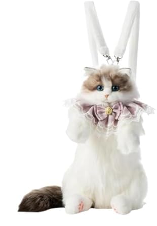 QURAX Cute Cat Plush Backpack, Realistic Fluffy Kitten Shoulder Bag with Lace Bow, White, Kawaii Style-image-40