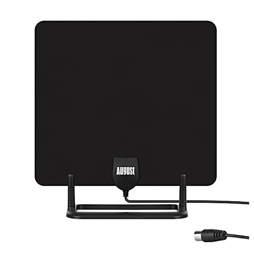 Antenne TV d’Intérieur Puissante Numérique TNT HD – August DTA450 – avec Socle, discrète, Portable, câble de 3m UHV VHF - Maison Camping-Car Caravane - France - Noir