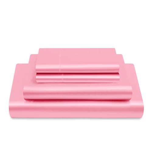 Vonty Satin Sheets Full Size Silky Soft Satin Bed Sheets Bright Pink Sheet Set, 1 Deep Pocket Fitted Sheet + 1 Flat Sheet + 2 Pillowcases