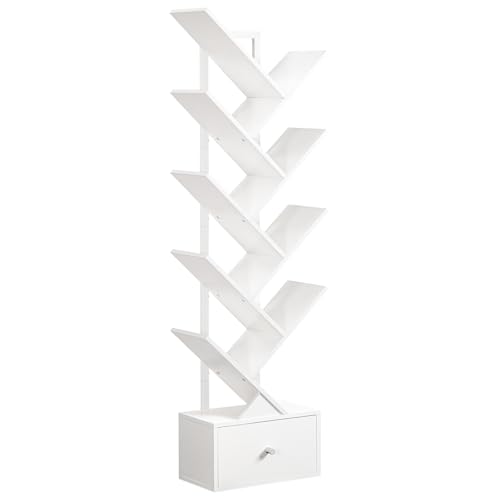 HOOBRO EWW18SJ01G1 Bookcase with Drawer, Standing Shelf with 9 Levels, Tree Shaped Bookcase, DVD Shelf, Freestanding Book Tower for Living Room, Bedroom, Home Office, White HOOBRO EWW18SJ01G1 Bookcase with Drawer, Standing Shelf with 9 Levels, Tree Shaped Bookcase, DVD Shelf, Freestanding Book Tower for Living Room, Bedroom, Home Office, White