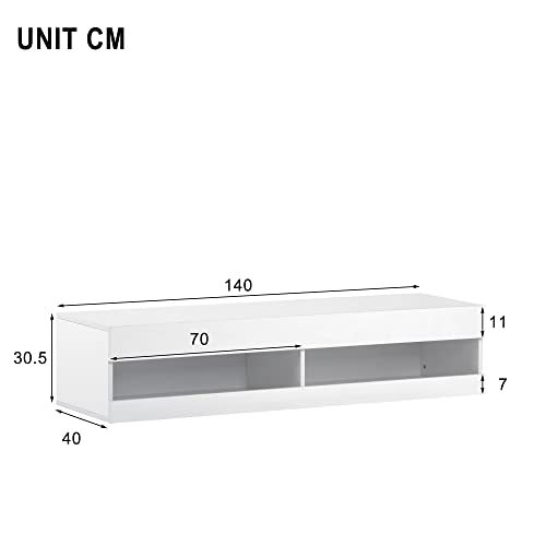 Meuble TV Suspendu LED 140 cm Blanc, 2 tiroirs OKMYHOME