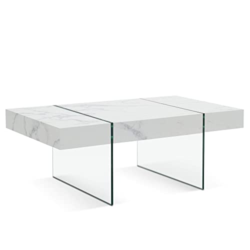 Ivinta Rectangle Coffee Table, White Marble Coffee Table With Tempered Glass Legs, Mid-Century Modern Coffee Table For Living Room, Easy Assembly Long Rectangular Tea Table #TOP15