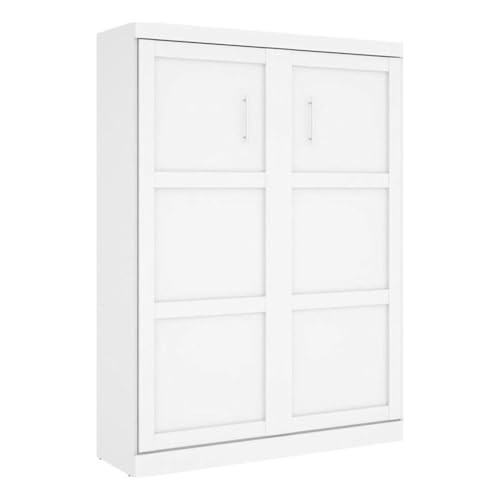 Pemberly Row Queen Size Dual-Mount Wall Bed with Wooden Slats in Wood, in White, No Box Spring Needed, Easy Assembly