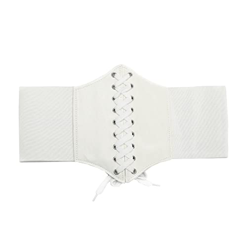 Leather Elastic Waist Belts Womens Vintage Lace-up Corset Cinch Waist Band Waspie Elastic Retro Tied Wide Belt Bandage Elasticity Girdle Wrap for Costume - White