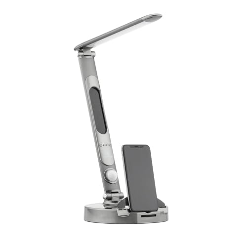 LumiCharge Lamp with Charging Station - Dimmable LED Desk Lamp with Qi 10W Fast Wireless Charger, Motion Sensor, Calendar Display, Alarm Clock, and USB Port, Compatible with Multiple Devices