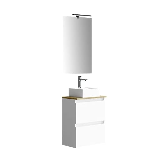 Baikal Marly 280034332, Mueble de baño pequeño con Lavabo cerámico y Espejo con Aplique de luz LED, de una Puerta Abatible y un Cajón, Acabado en Color Blanco, Medidas: 50 x 60 x 30 cm